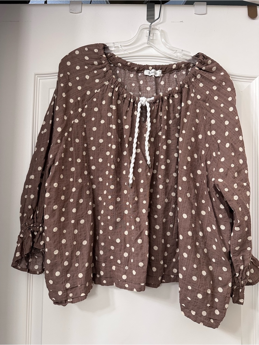BUCKETLIST Brown Polka Dot Peasant Blouse with Cream Dots